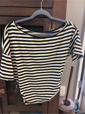Black & Cream Striped Boatneck Short Sleeve Top